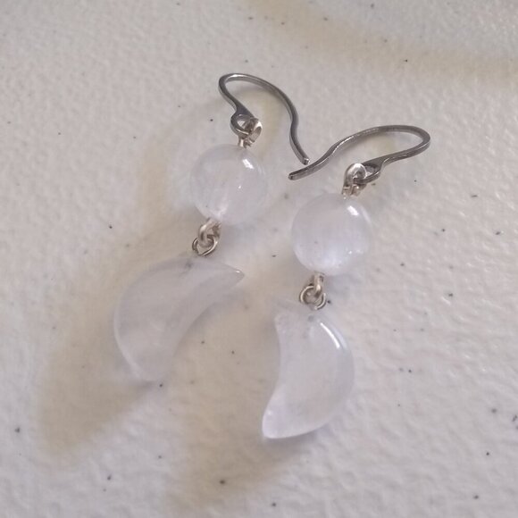 Bold & Modern Style! Genuine Crystal Quartz Moon Statement Dangle Earrings - Picture 6 of 8